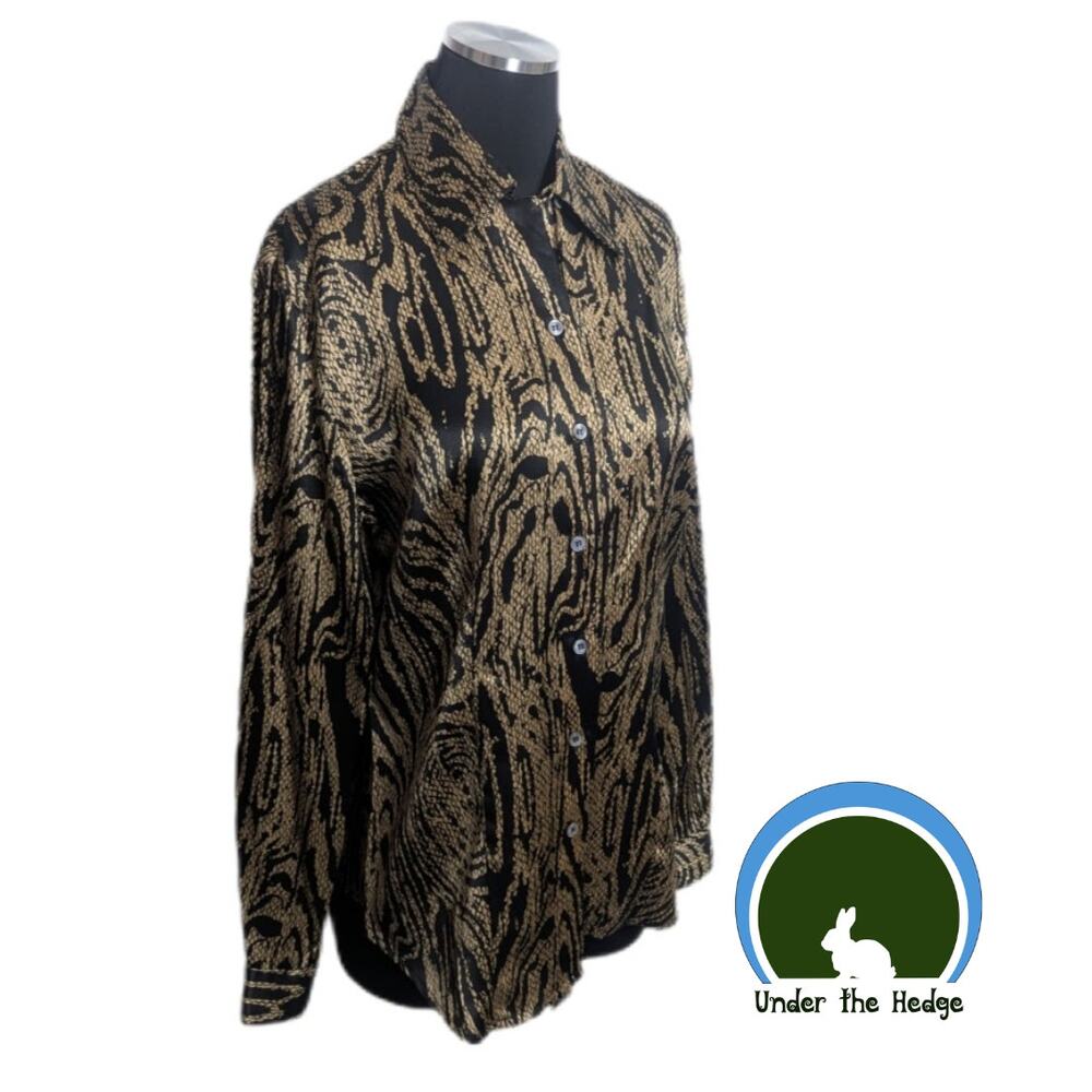 Vtg Halston Lifestyle Black Gold Silk Long Sleeve Top Size 8 goth glam chic